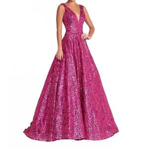 NEW PANOPLY women's plunging back sequined dress in fuchsia